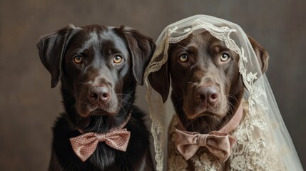 Two dogs are dressed in wedding attire, looking adorable and ready for a special occasion