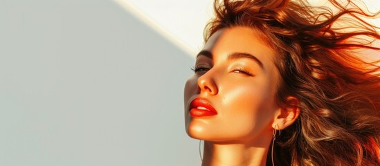 A woman with long hair flowing in the wind, showcasing movement and dynamic energy. Her hair is being blown by a gentle breeze, creating a sense of freedom and movement.