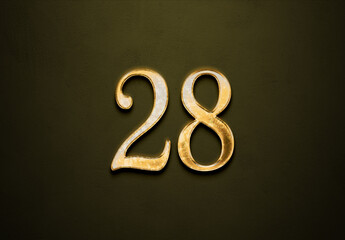 Old gold effect of 28 number with 3D glossy style Mockup.	