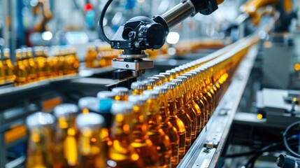 A closeup of a robotic arm gently picking up rows of bottles and carefully packing them into boxes showcasing the reliability and precision of automated packaging systems