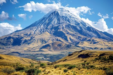 The image captures the grandeur of a majestic volcanic mountain standing tall against a clear blue sky with a vast grassland in the foreground