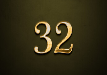Old gold effect of 32 number with 3D glossy style Mockup.	