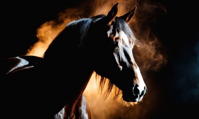 Artistically lit horse head with thick smoke and fumes on black background. Beautiful alert black brown stallion horse in fog mist smoke looking curious worried free majestic regal mythological