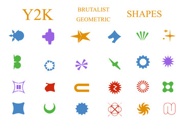 Geometric Y2k abstract brutalist retro shapes. Shape elements, contemporary figure, flower, doodles and minimal design. Geometric shape elements circle, star and triangle, line figures.