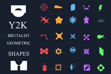 Geometric Y2k abstract brutalist retro shapes. Shape elements, contemporary figure, flower, doodles and minimal design. Geometric shape elements circle, star and triangle, line figures.
