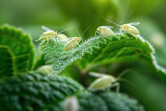 White flies greenhouse pest, whiteflies on green leaf