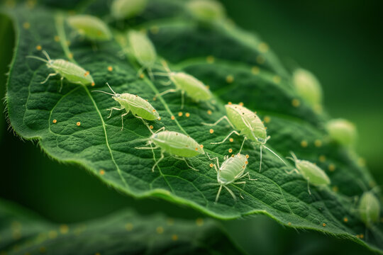 White flies greenhouse pest, whiteflies on green leaf
