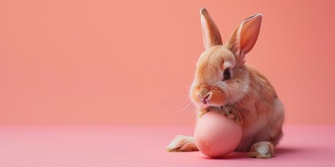 Brown rabbit holding his paws on a single light pink egg on a peachy background, ideal for a...
