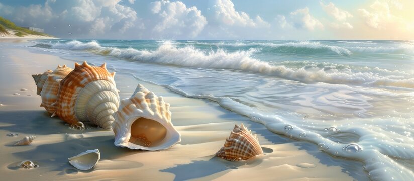 A painting depicting a collection of seashells scattered on a sandy beach. The seashells are intricately detailed, reflecting the fleeting moments of seaside serenity.
