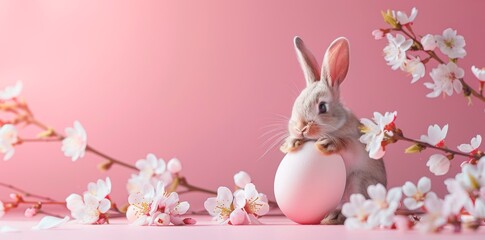 Naklejka na ściany i meble Rabbit putting his paws on an Easter egg, surrounded by white spring blossoms on a soft pink background, banner, copy space