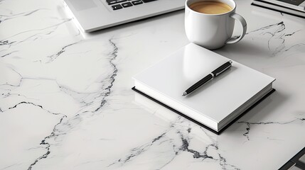 a corporate office desk, featuring a sleek white marble surface adorned with a neatly arranged notebook and pen, accompanied by a coffee mug, evoking a sense of focus and sophistication.