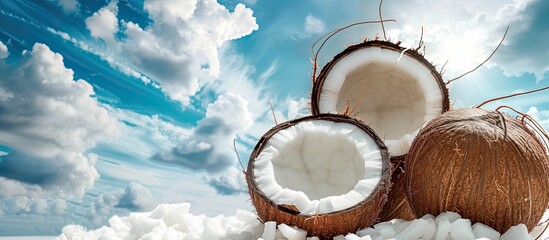 Two coconuts are resting on top of a large pile of coconuts. The coconuts are brown and textured, contrasting with the blue sky in the background.