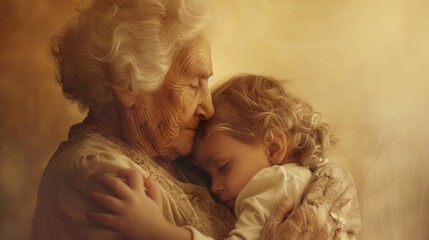 Child Protection Day. Soft tones and gentle lighting surround an old woman hugging a child, conveying protection and support on Children's Day.