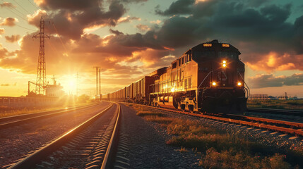 Freight train approaching during sunset. Industrial railroad cargo transportation