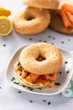 Cream cheese and smoked salmon bagel sandwich