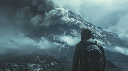 A person stands in the foreground back to the camera gazing up at a towering volcano. Smoke and ash swirl around the peak a visible reminder of the danger posed by the