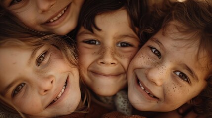 Joyful children hugging adults on Child Protection Day, with natural light creating a soft contrast and gentle skin tones