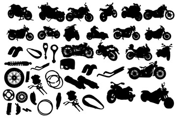 List of different type of motorcycle, bike, and motorbike silhouette icon set