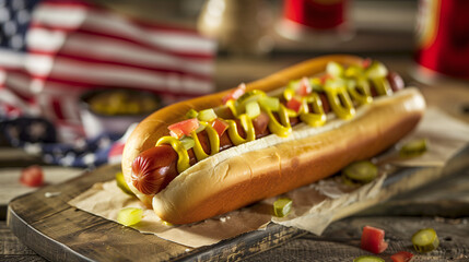 Perfection of a classic hot dog adorned with mustard and relish, set against a backdrop of iconic American symbols 