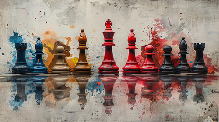 Chess pieces, splattered paint backdrop. - obrazy, fototapety, plakaty