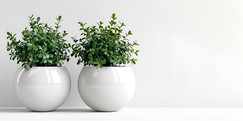 A closeup shot of two plant pots on a white surface Pots with thyme, bay and sage on table against white background Green Plant with White Vase on Soft Green Wall.