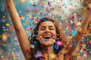 Obraz premium Happy woman with arms raised, surrounded by colorful flying confetti