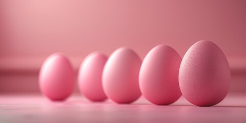 Fototapeta premium Gradient of pink Easter eggs aligned on a soft pink background with depth of field, copy space, banner