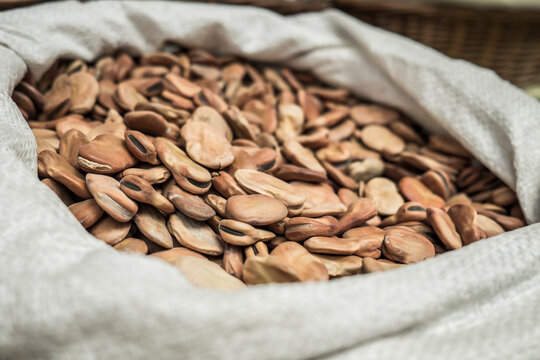 Dried brown beans in a sack