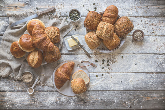 Various bread rolls and croissants
