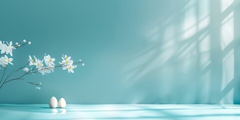 Crisp Easter morning with white eggs and delicate flowers against a cool blue backdrop with soft shadows, banner with copy space