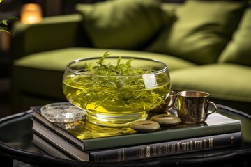 Green tea cup on elegant wooden coffee table against cozy and inviting background - 748161988