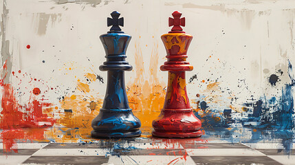 Chess pieces, splattered paint backdrop. - obrazy, fototapety, plakaty