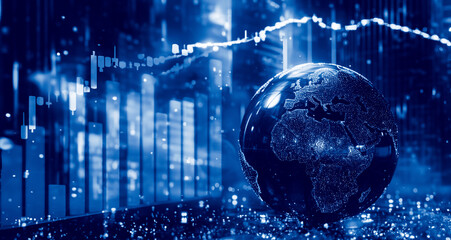 blue digital global world economy and stock market graph chart in graphic with capital city background. business, investment and financial concept.