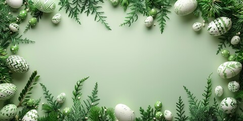 Fototapeta na wymiar Festive Easter frame of green and white patterned eggs nestled among fresh evergreen branches on a soft green background