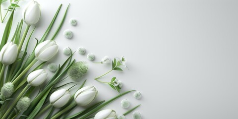 Elegant Easter concept with white tulips and delicate greenery on a soft white backdrop, offering a fresh and tranquil greeting card or banner design