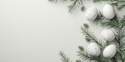 Fototapeta na wymiar Stylish Easter banner with white speckled eggs nestled among fresh green pine branches on a clean white background, perfect for a modern greeting card
