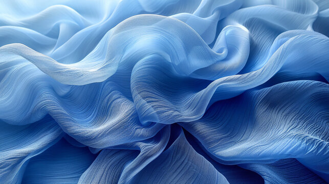 A mesmerizing view of blue silky fabric waves amidst a mystical, foggy atmosphere.