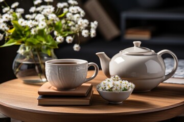 Tranquil tea time. serene scene with chamomile herbal tea and book in cozy sunlit room - 748162547