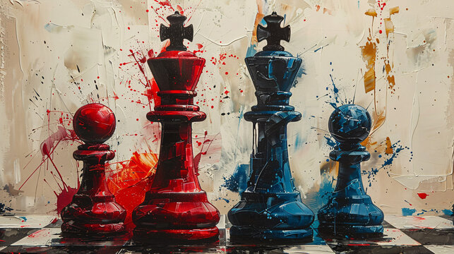 Chess pieces, splattered paint backdrop.