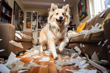 Fluffy dog running in a messy living room with destroyed paper.