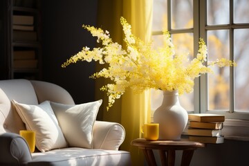 Peaceful and relaxing tea time with chamomile tea and book in a cozy sunlit room - 748162741