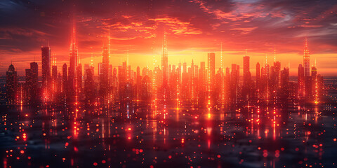 Futuristic cityscape glowing red at sunset, reflecting in water.