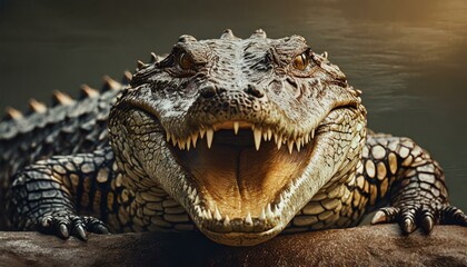 Obraz premium Intense Gaze: Close-up of Brown Crocodile with Jaw Agape