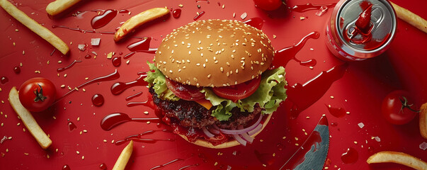 A burger with beef, cheese, lettuce, tomato and onion. A knife and a bite mark on the bun. Fries and ketchup on the side. A can of soda on a red background Top view space to copy.