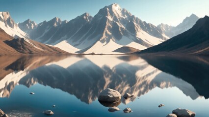 A crystal-clear mountain lake reflecting the surrounding scenery - obrazy, fototapety, plakaty