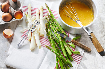 Two kinds of asparagus and ingredients for hollandaise sauce