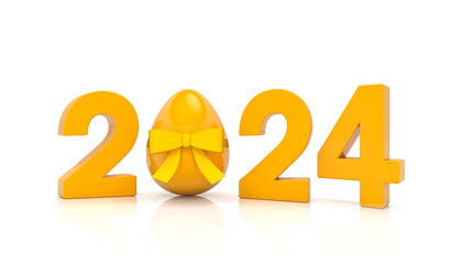 3d rendering of the year 2024 in orange with the number zero as an Easter egg with a yellow ribbon, on a reflective floor on a white background - vacation concept. - 748163517