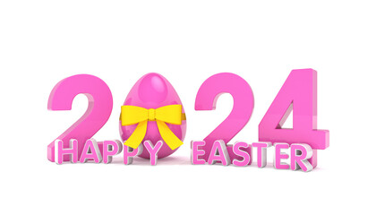 3d rendering of the year 2024 in magenta with the number zero as an Easter egg with a yellow ribbon, in the foreground is a lettering with the message Happy Easter over white background.