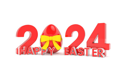 3d rendering of the year 2024 in red with the number zero as an Easter egg with a yellow ribbon, in the foreground is a lettering with the message Happy Easter over white background - vacation concept