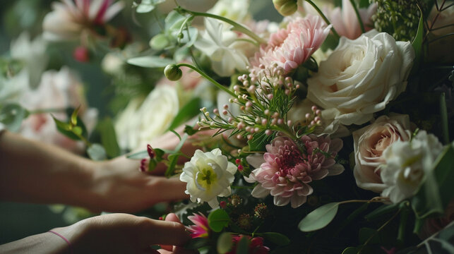 A close-up of a skilled floral designer arranging a stunning bouquet for a special occasion realistic stock photography